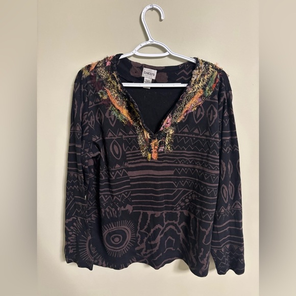 Chico's Tops - Chico’s Black Purple Brown Ethnic Long Sleeve Pullover Top Womens Size 3 Large